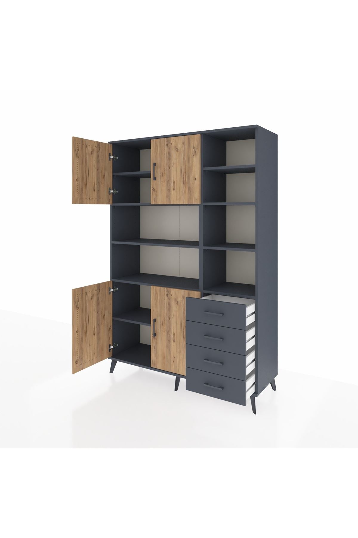 Hyperion Dolap 9 Raflı 4 Çekmeceli 4 Kapaklı 132x44x195 Antrasit-Çam/Antrasit
