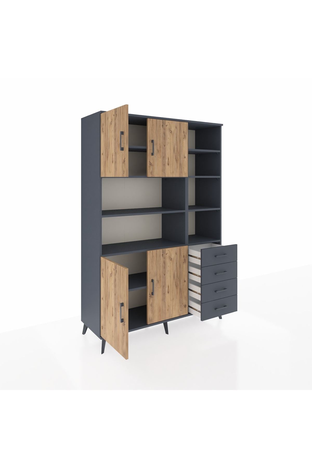Hyperion Dolap 9 Raflı 4 Çekmeceli 4 Kapaklı 132x44x195 Antrasit-Çam/Antrasit