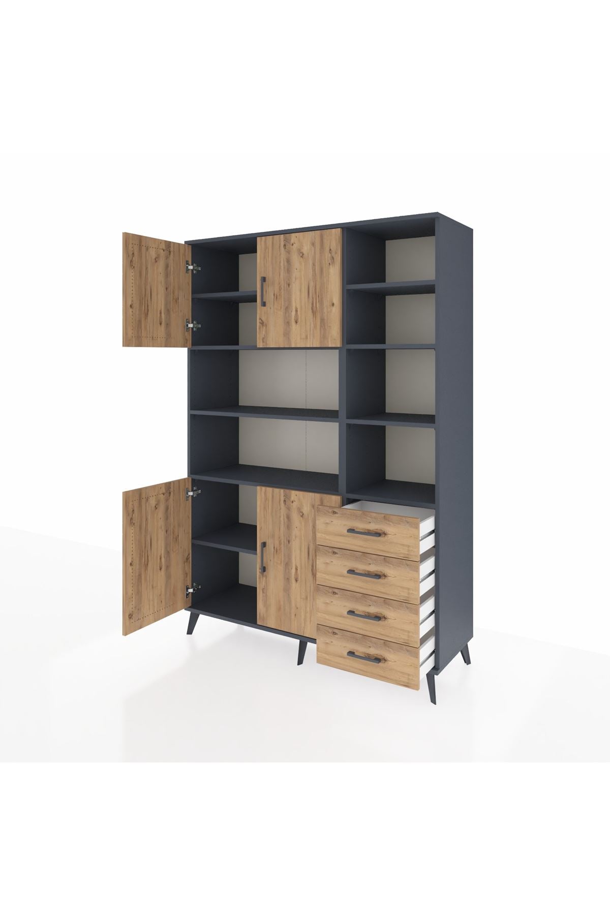 Hyperion Dolap 9 Raflı 4 Çekmeceli 4 Kapaklı 132x44x195 Antrasit-Çam/Çam
