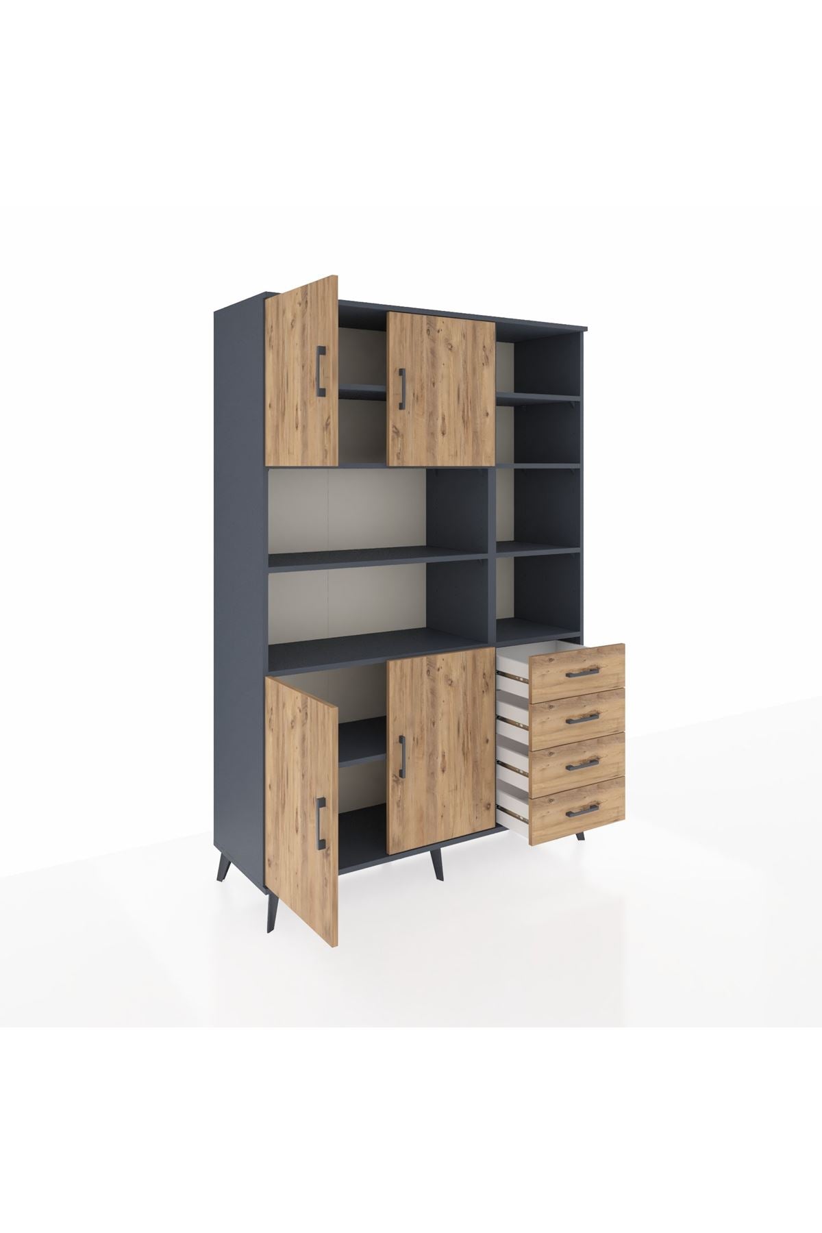 Hyperion Dolap 9 Raflı 4 Çekmeceli 4 Kapaklı 132x44x195 Antrasit-Çam/Çam