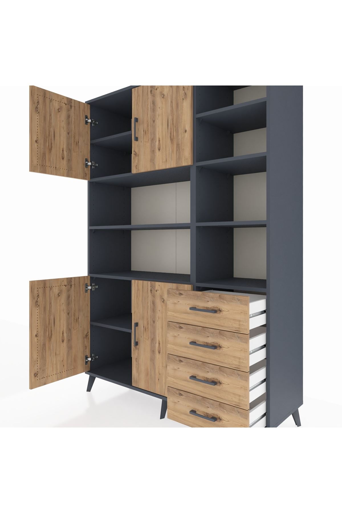 Hyperion Dolap 9 Raflı 4 Çekmeceli 4 Kapaklı 132x44x195 Antrasit-Çam/Çam