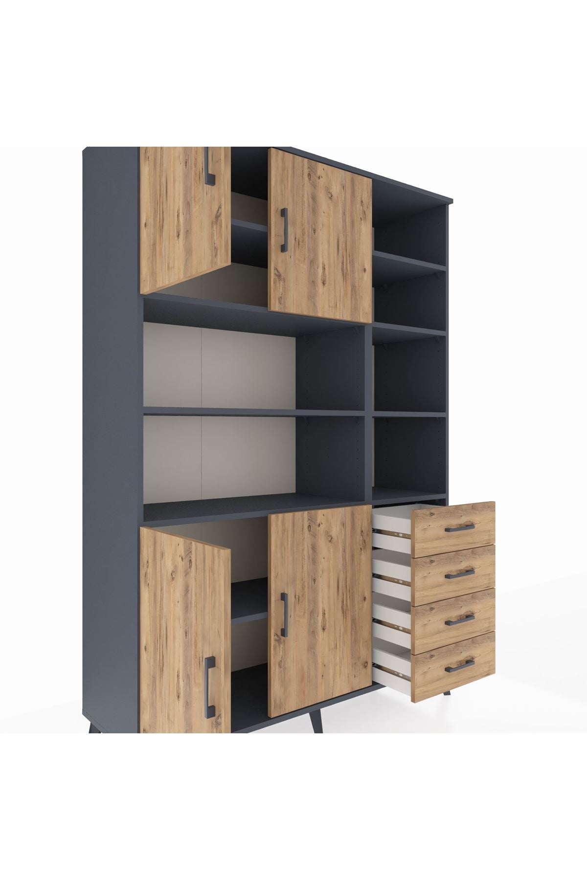 Hyperion Dolap 9 Raflı 4 Çekmeceli 4 Kapaklı 132x44x195 Antrasit-Çam/Çam
