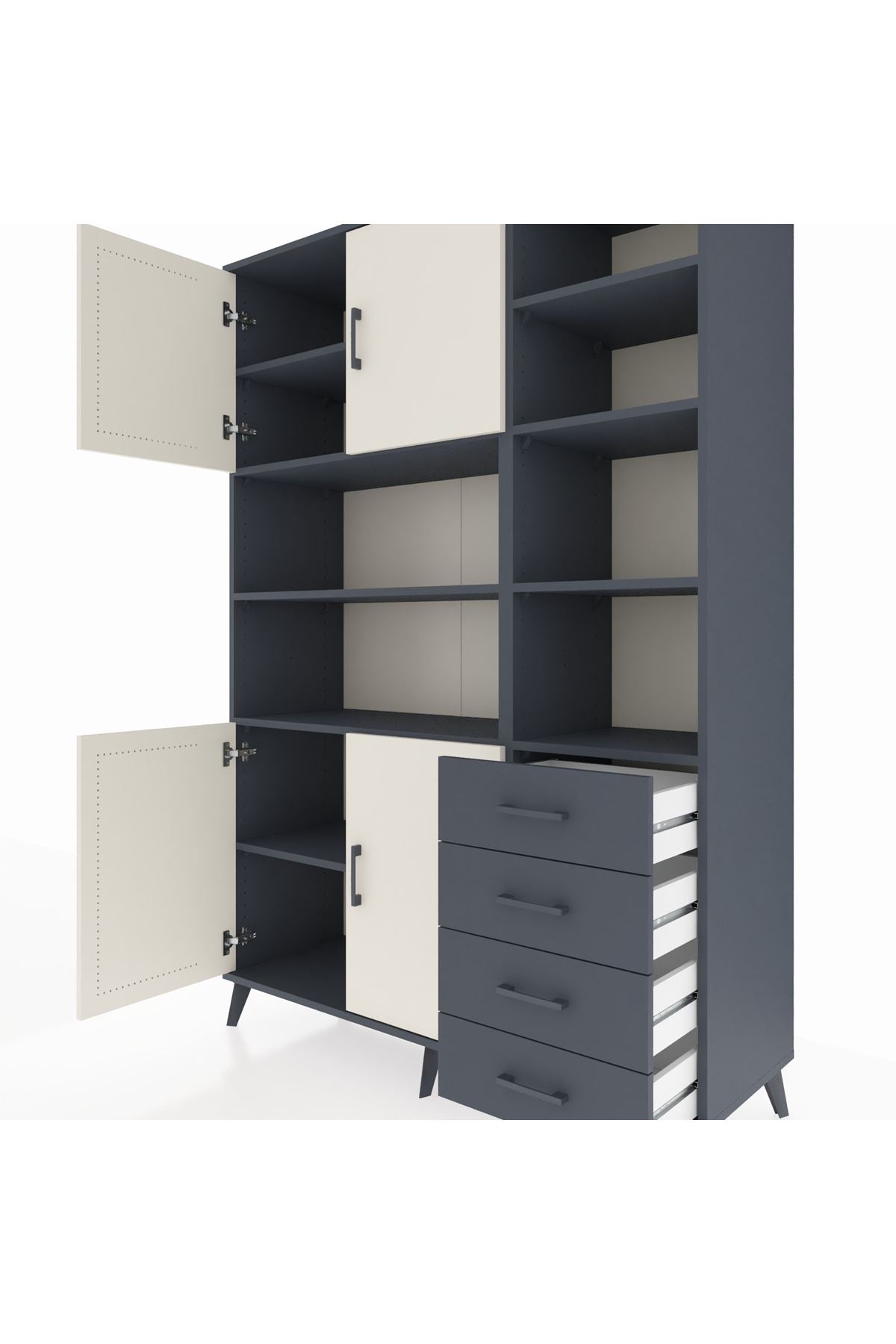 Hyperion Dolap 9 Raflı 4 Çekmeceli 4 Kapaklı 132x44x195 Antrasit-Aytaşı/Antrasit