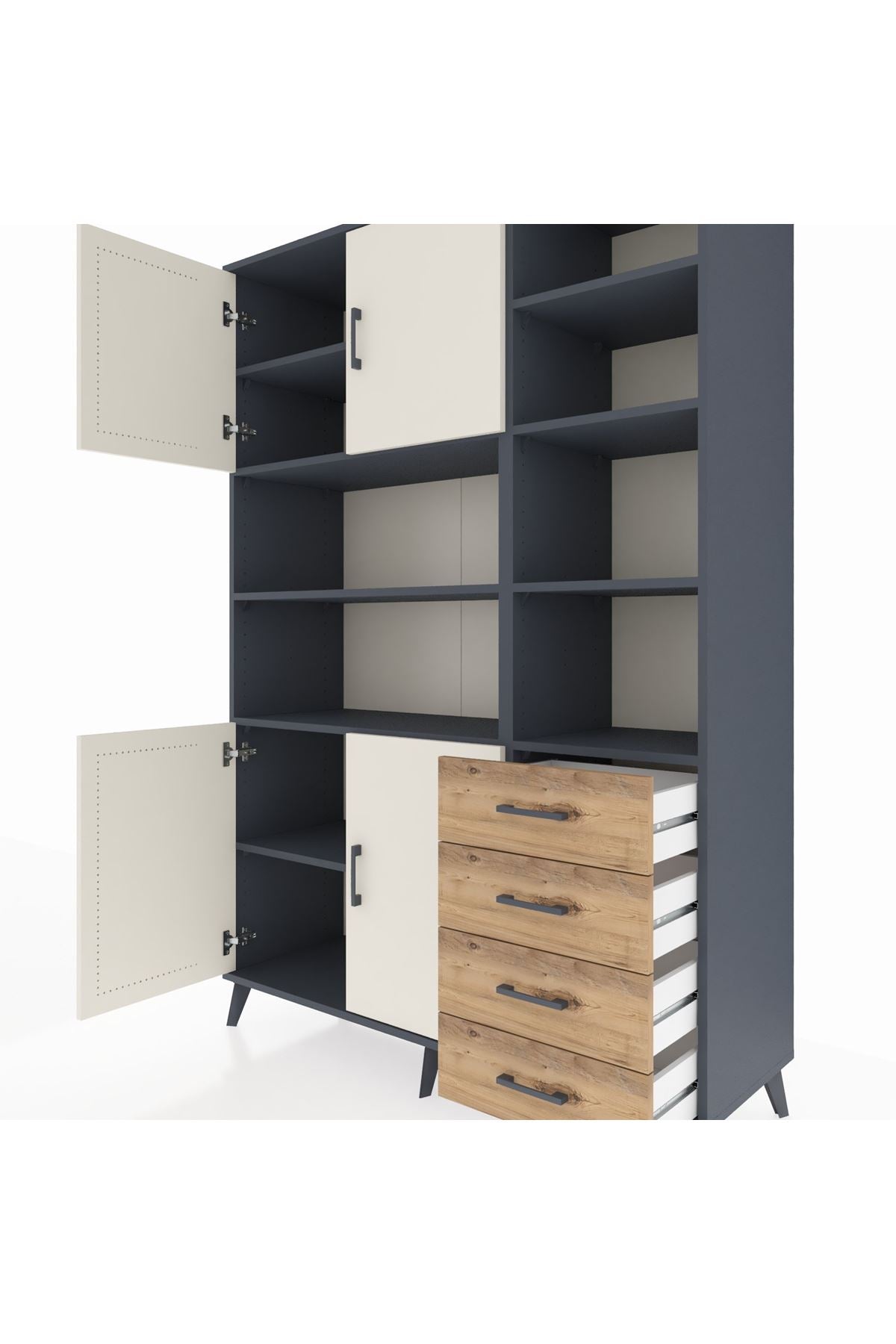 Hyperion Dolap 9 Raflı 4 Çekmeceli 4 Kapaklı 132x44x195 Antrasit-Aytaşı/Çam