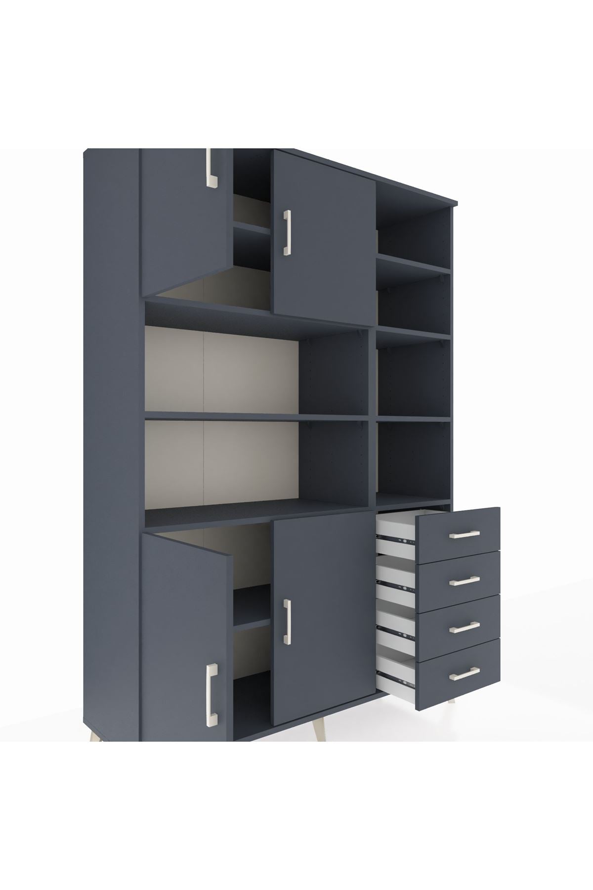 Hyperion Dolap 9 Raflı 4 Çekmeceli 4 Kapaklı 132x44x195 Antrasit-Antrasit/Antrasit