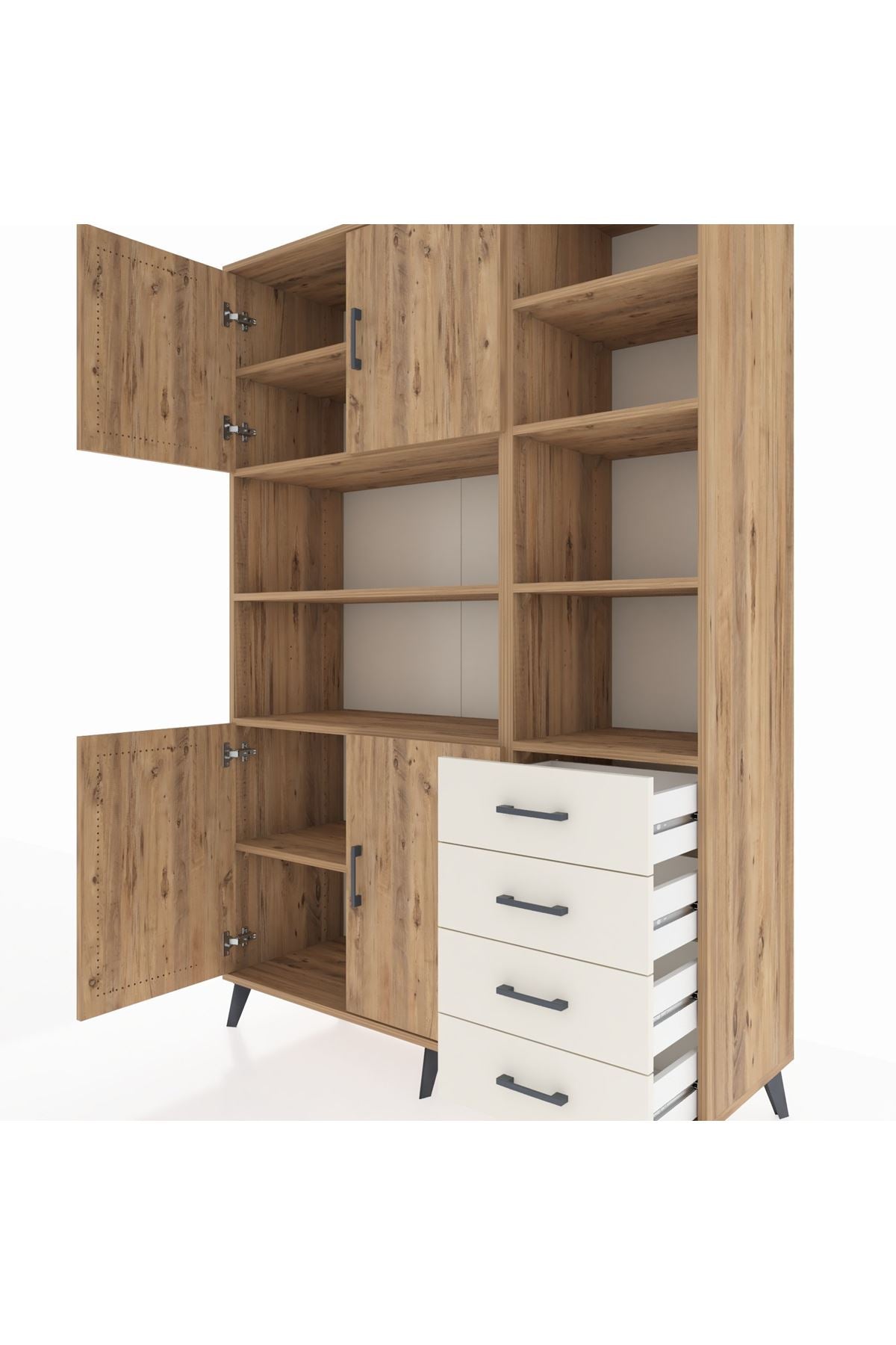 Hyperion Dolap 9 Raflı 4 Çekmeceli 4 Kapaklı 132x44x195 Çam-Çam/Aytaşı