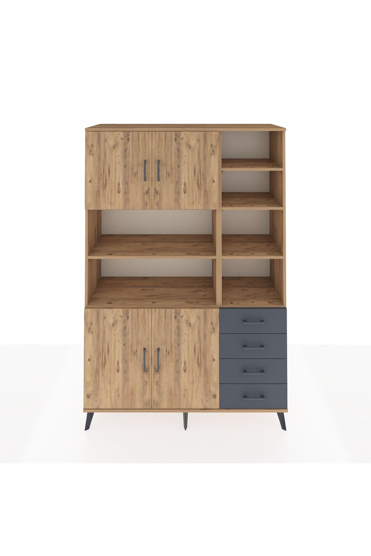Hyperion Dolap 9 Raflı 4 Çekmeceli 4 Kapaklı 132x44x195 Çam-Çam/Antrasit