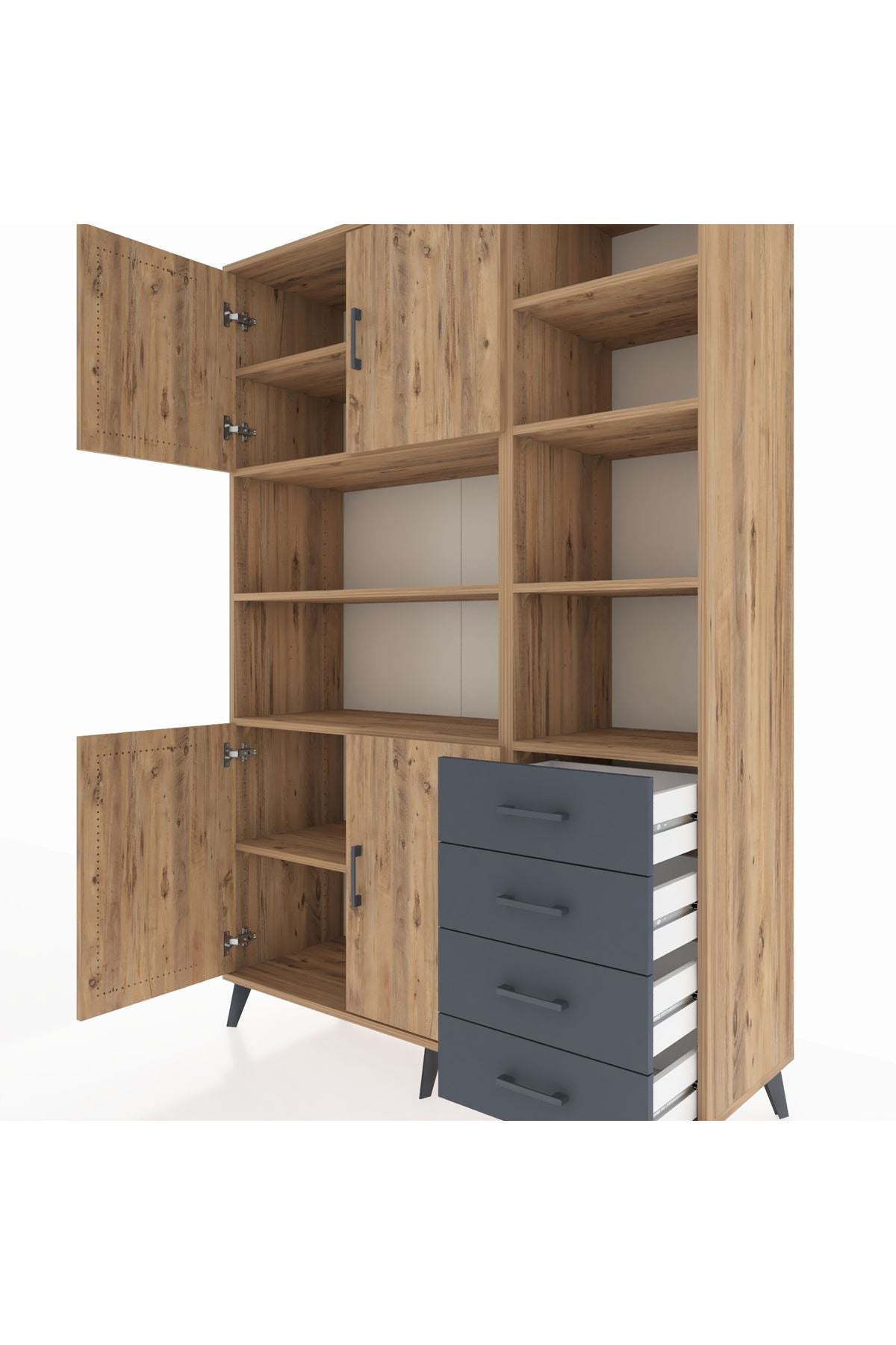 Hyperion Dolap 9 Raflı 4 Çekmeceli 4 Kapaklı 132x44x195 Çam-Çam/Antrasit