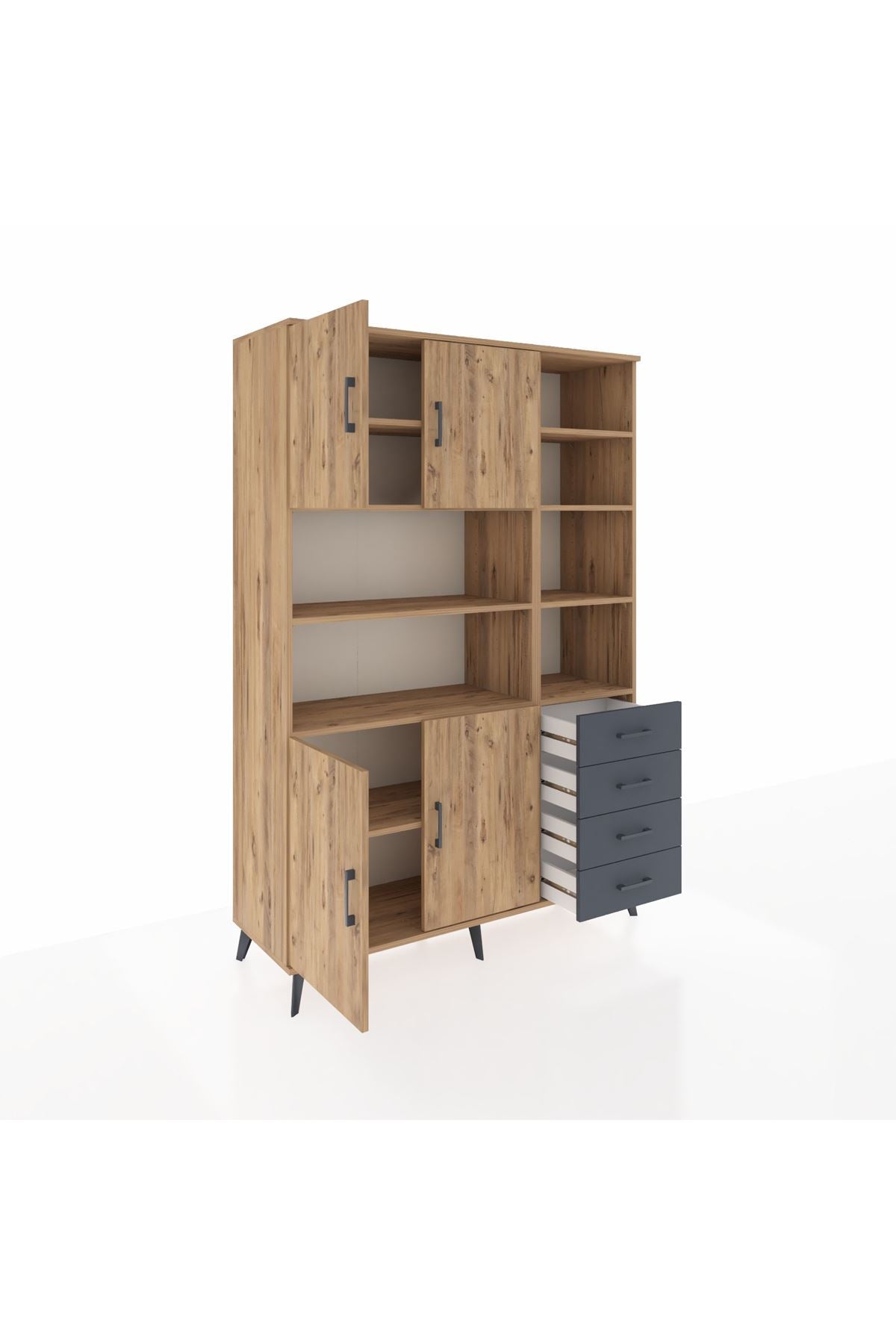 Hyperion Dolap 9 Raflı 4 Çekmeceli 4 Kapaklı 132x44x195 Çam-Çam/Antrasit