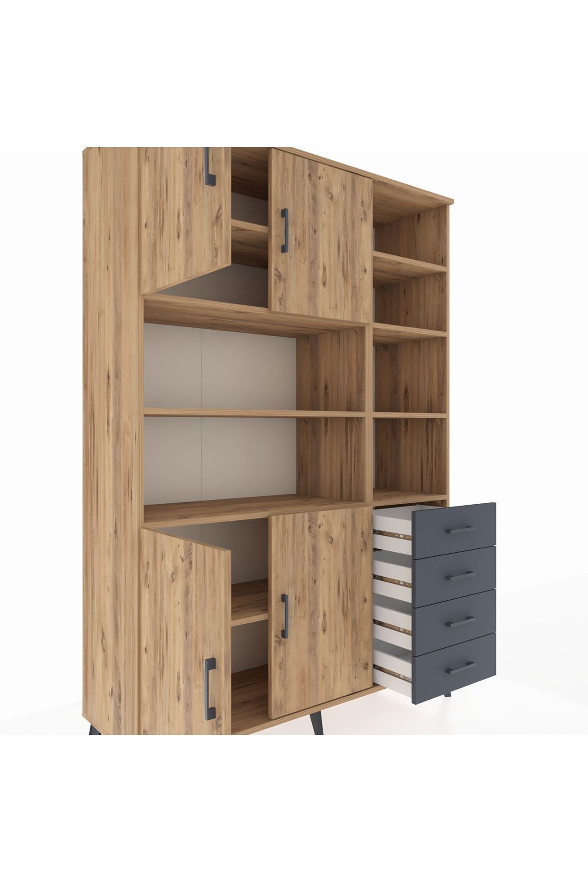 Hyperion Dolap 9 Raflı 4 Çekmeceli 4 Kapaklı 132x44x195 Çam-Çam/Antrasit