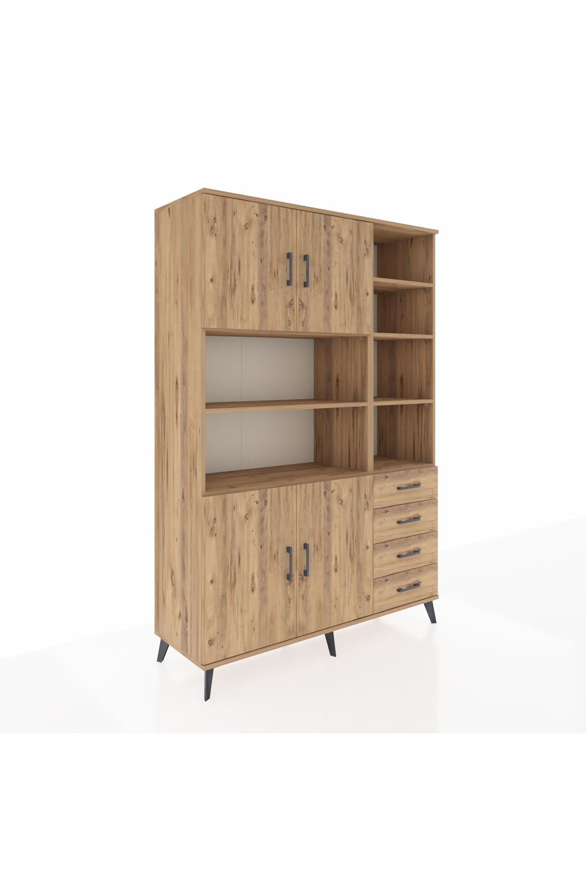 Hyperion Dolap 9 Raflı 4 Çekmeceli 4 Kapaklı 132x44x195 Çam-Çam/Çam