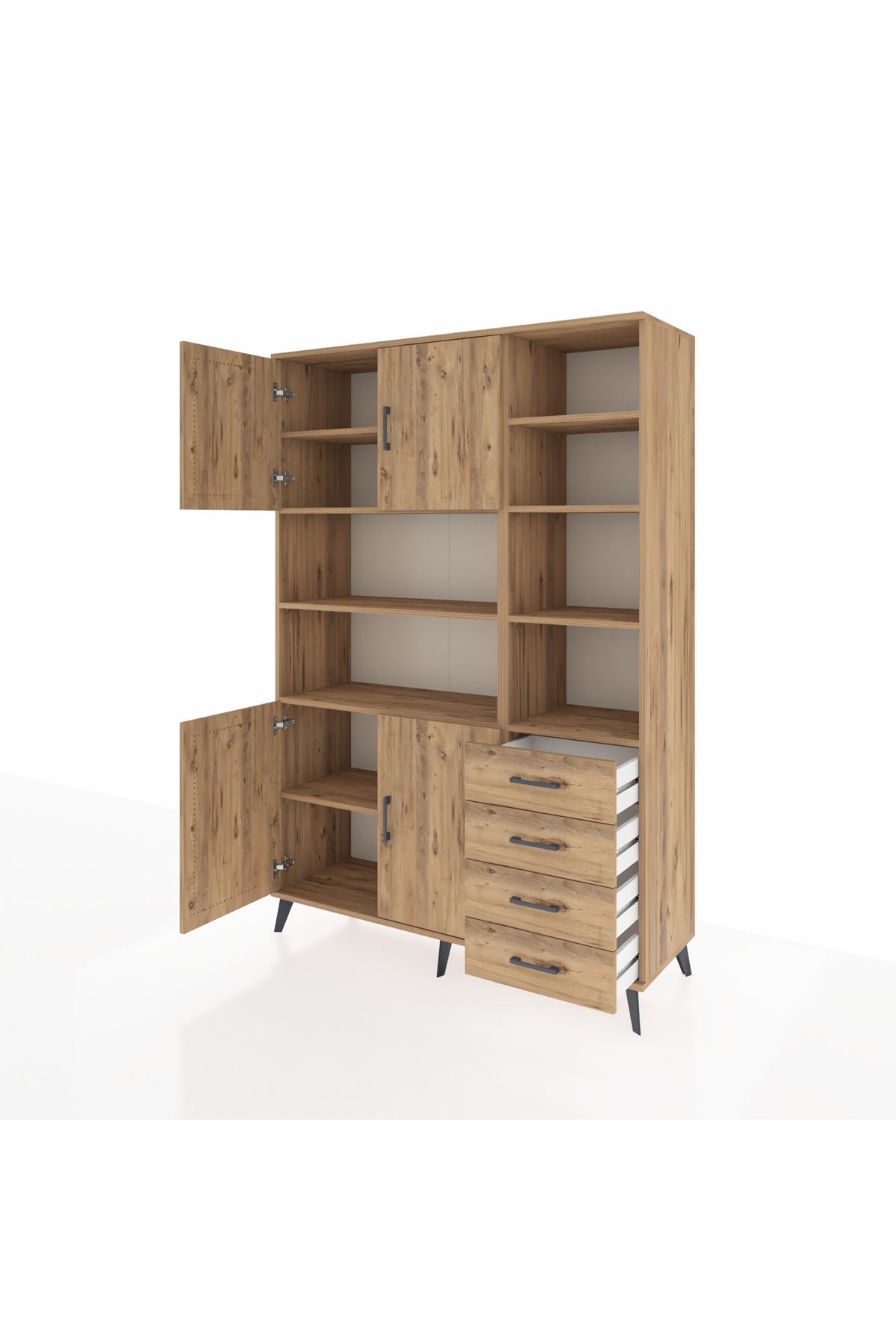 Hyperion Dolap 9 Raflı 4 Çekmeceli 4 Kapaklı 132x44x195 Çam-Çam/Çam