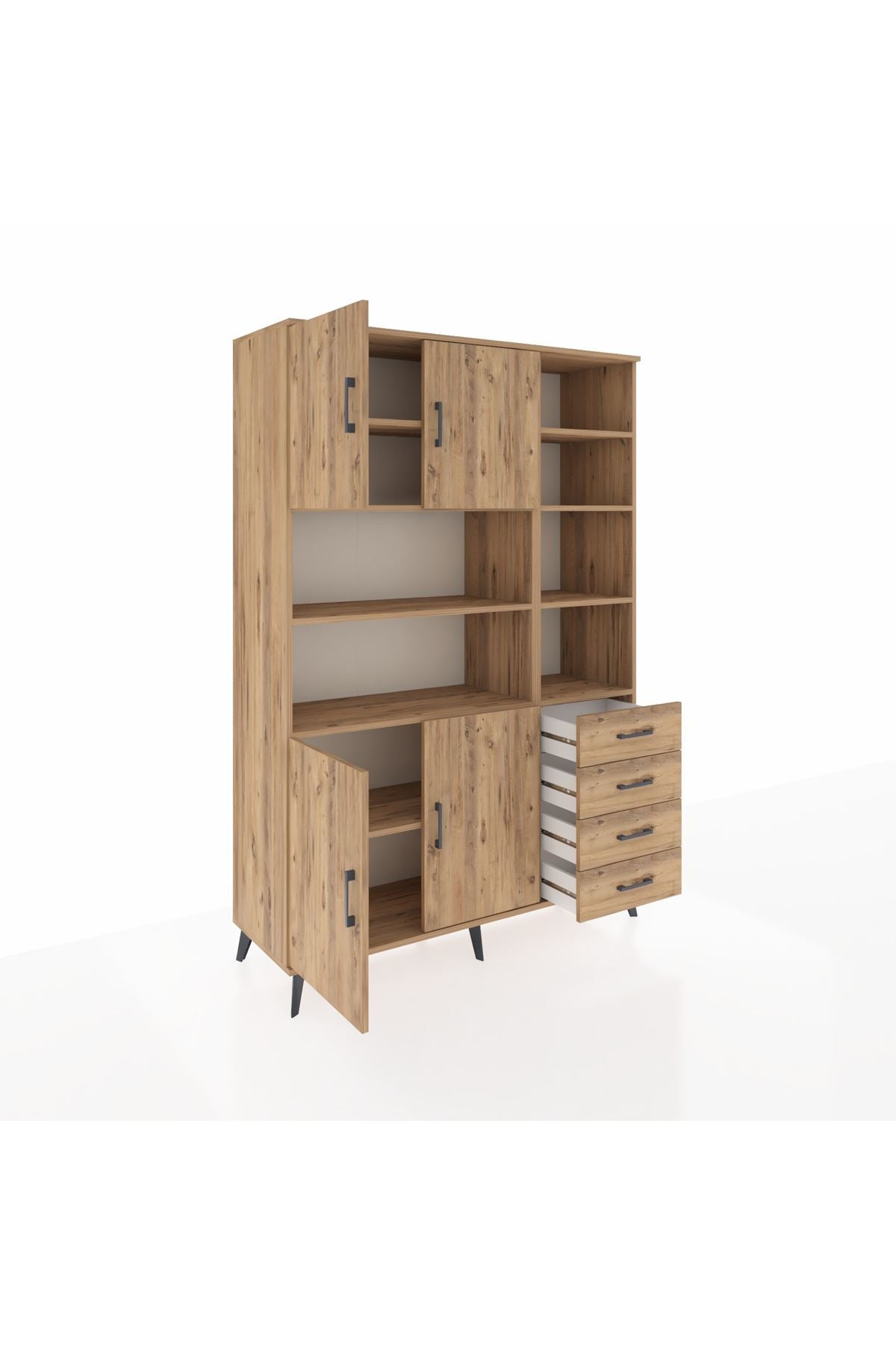 Hyperion Dolap 9 Raflı 4 Çekmeceli 4 Kapaklı 132x44x195 Çam-Çam/Çam