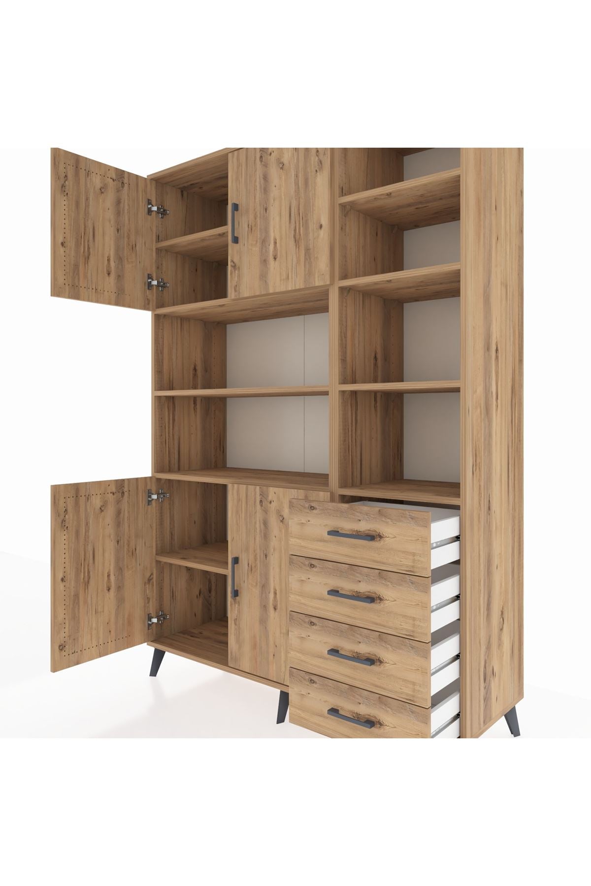 Hyperion Dolap 9 Raflı 4 Çekmeceli 4 Kapaklı 132x44x195 Çam-Çam/Çam