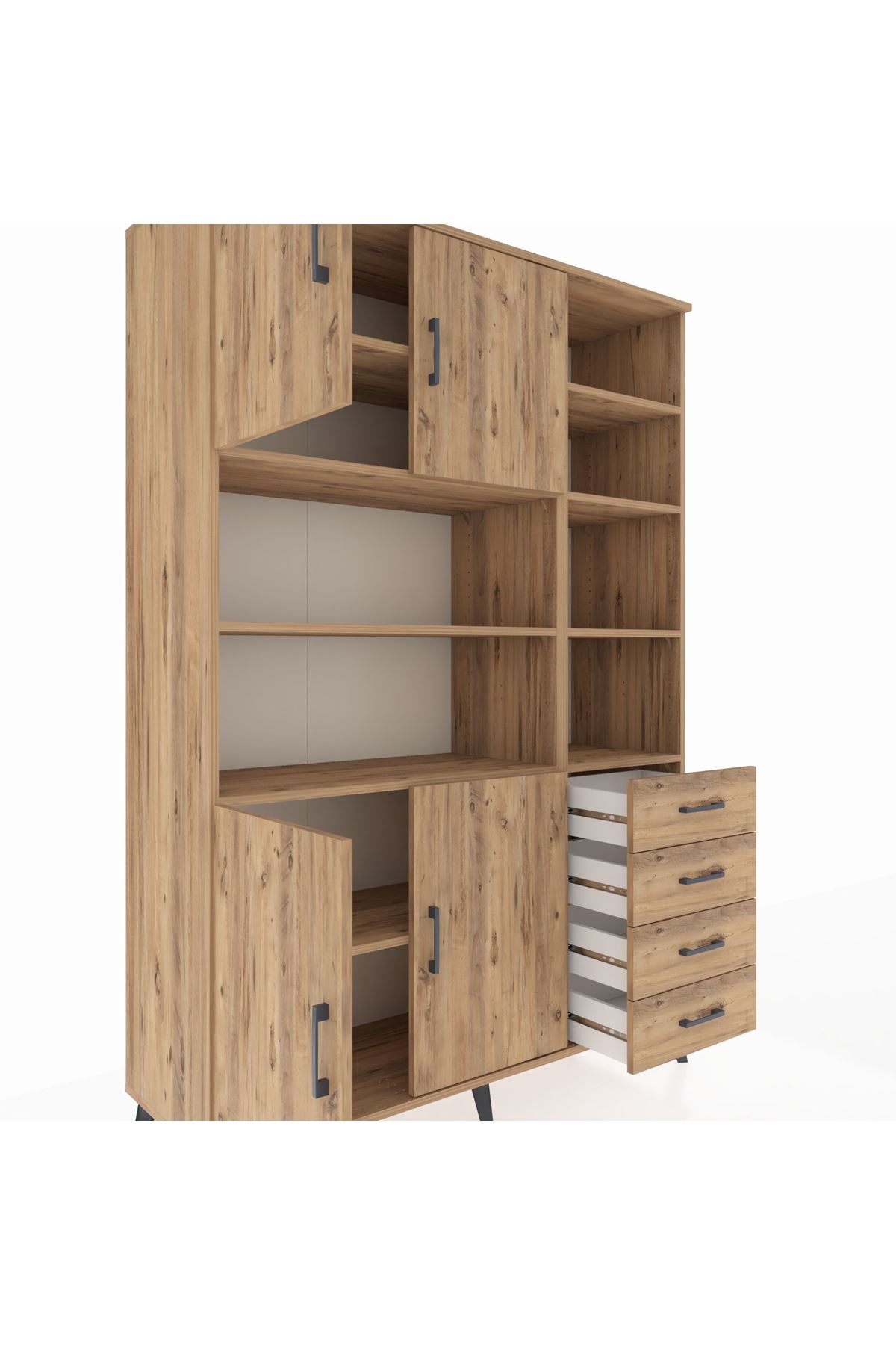 Hyperion Dolap 9 Raflı 4 Çekmeceli 4 Kapaklı 132x44x195 Çam-Çam/Çam