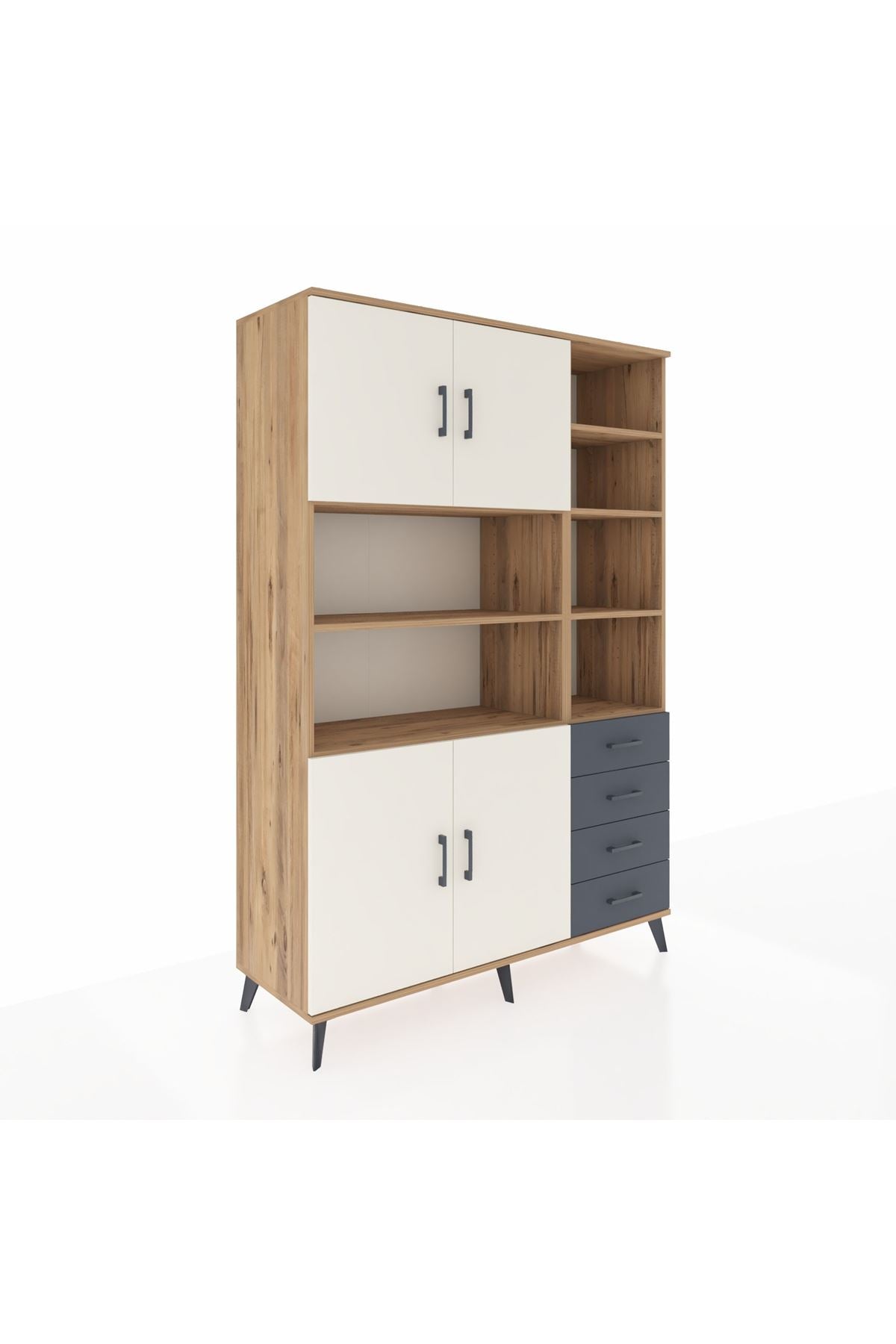 Hyperion Dolap 9 Raflı 4 Çekmeceli 4 Kapaklı 132x44x195 Çam-Aytaşı/Antrasit
