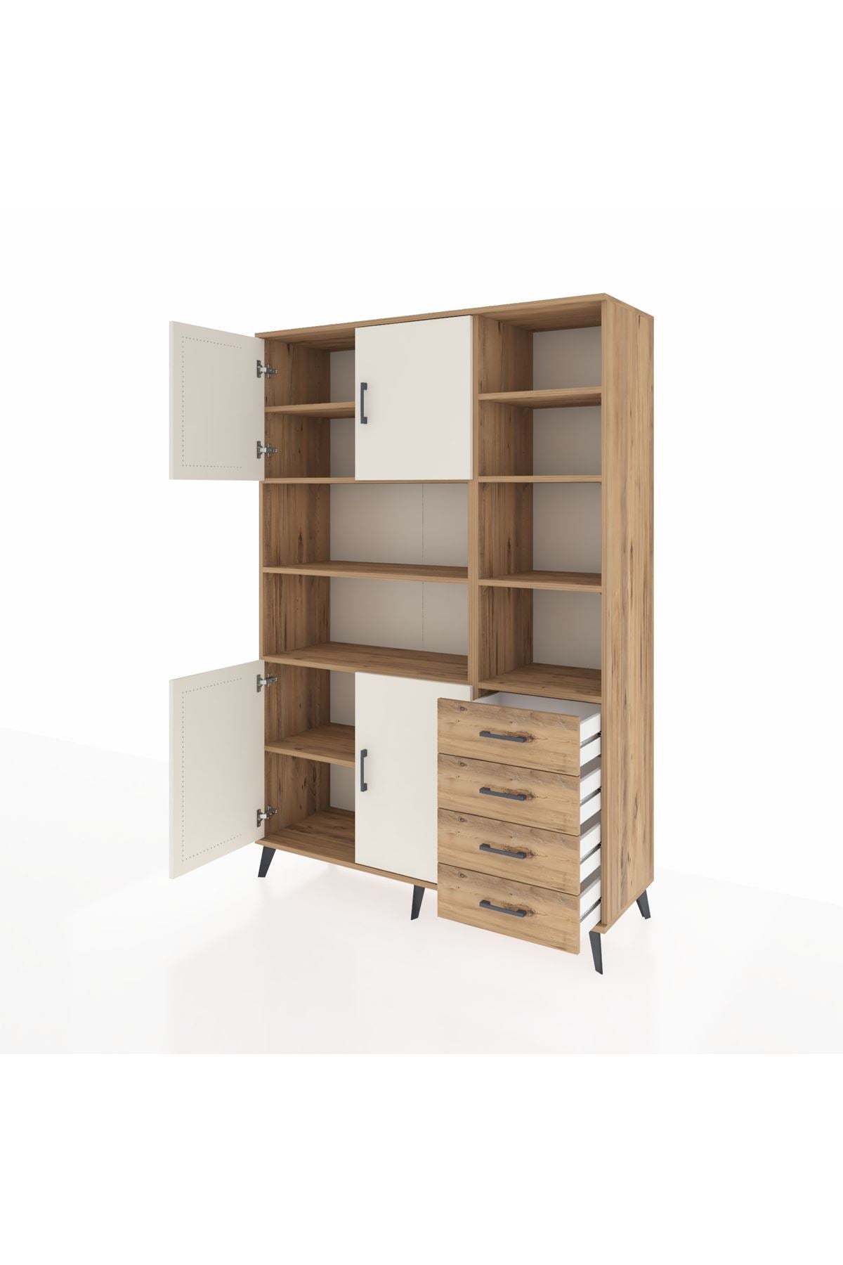 Hyperion Dolap 9 Raflı 4 Çekmeceli 4 Kapaklı 132x44x195 Çam-Aytaşı/Çam