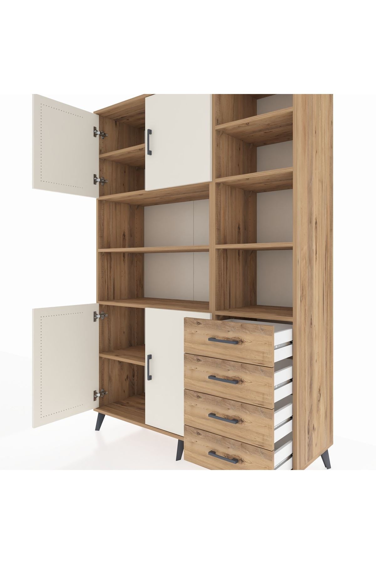 Hyperion Dolap 9 Raflı 4 Çekmeceli 4 Kapaklı 132x44x195 Çam-Aytaşı/Çam
