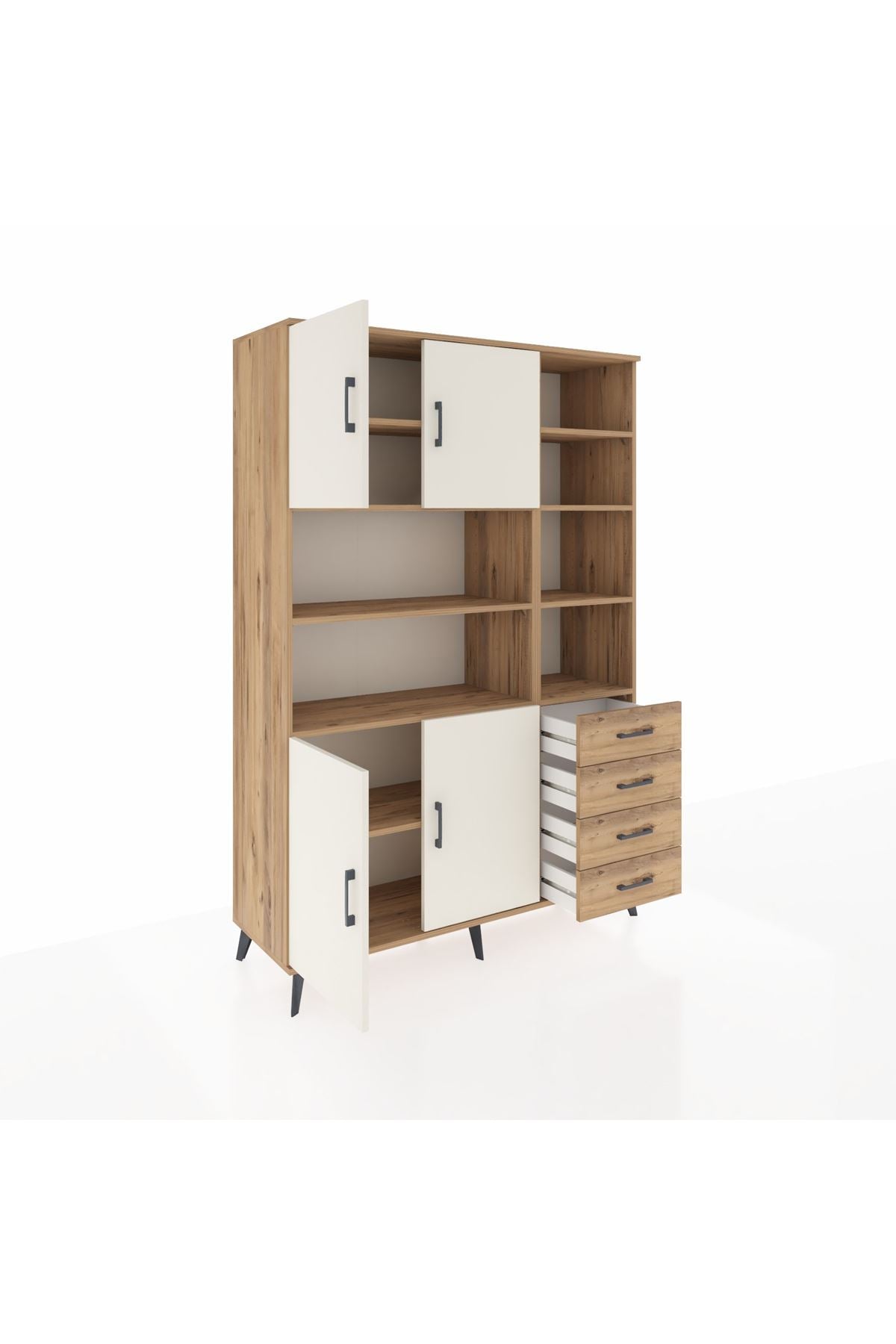 Hyperion Dolap 9 Raflı 4 Çekmeceli 4 Kapaklı 132x44x195 Çam-Aytaşı/Çam