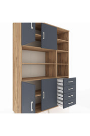 Hyperion Dolap 9 Raflı 4 Çekmeceli 4 Kapaklı 132x44x195 Çam-Antrasit/Antrasit