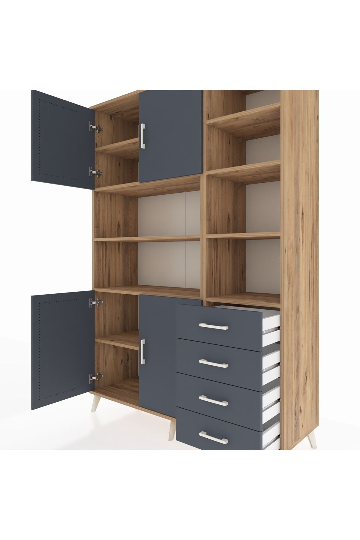 Hyperion Dolap 9 Raflı 4 Çekmeceli 4 Kapaklı 132x44x195 Çam-Antrasit/Antrasit