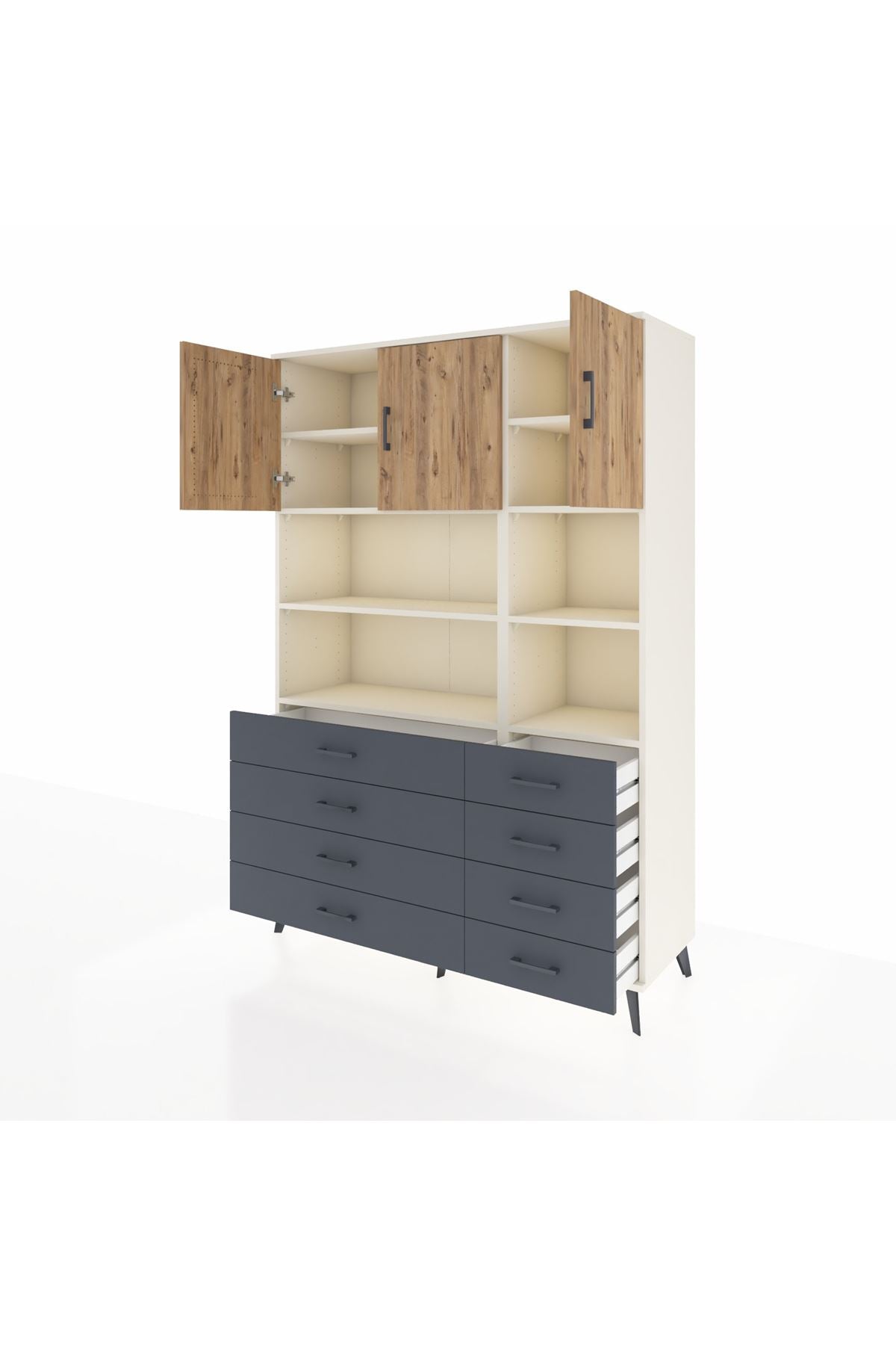 Hyperion Dolap 8 Raflı 8 Çekmeceli 3 Kapaklı 132x44x195 Aytaşı-Çam/Antrasit