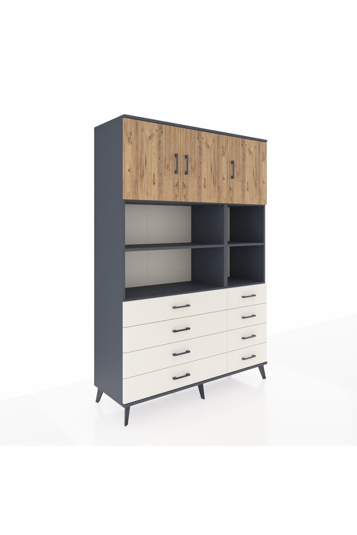 Hyperion Dolap 8 Raflı 8 Çekmeceli 3 Kapaklı 132x44x195 Antrasit-Çam/Aytaşı