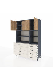 Hyperion Dolap 8 Raflı 8 Çekmeceli 3 Kapaklı 132x44x195 Antrasit-Çam/Aytaşı