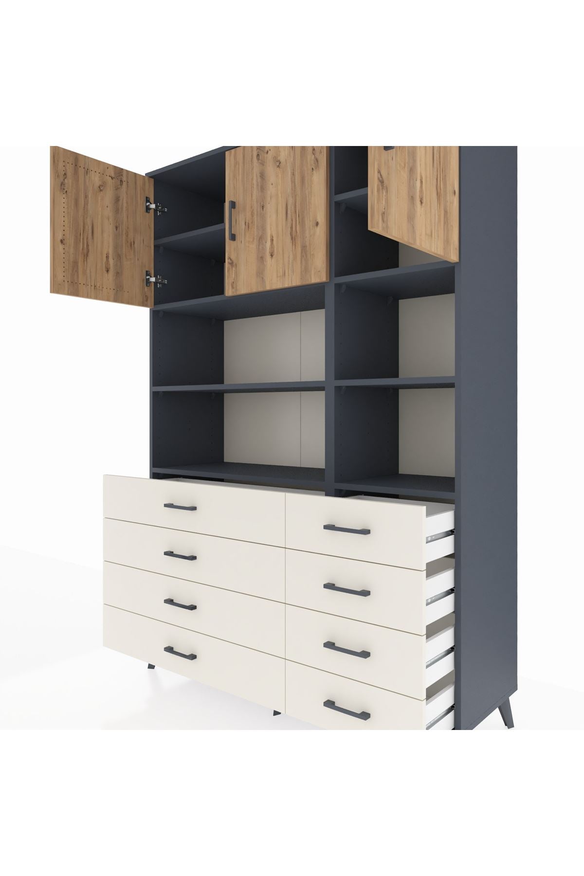 Hyperion Dolap 8 Raflı 8 Çekmeceli 3 Kapaklı 132x44x195 Antrasit-Çam/Aytaşı