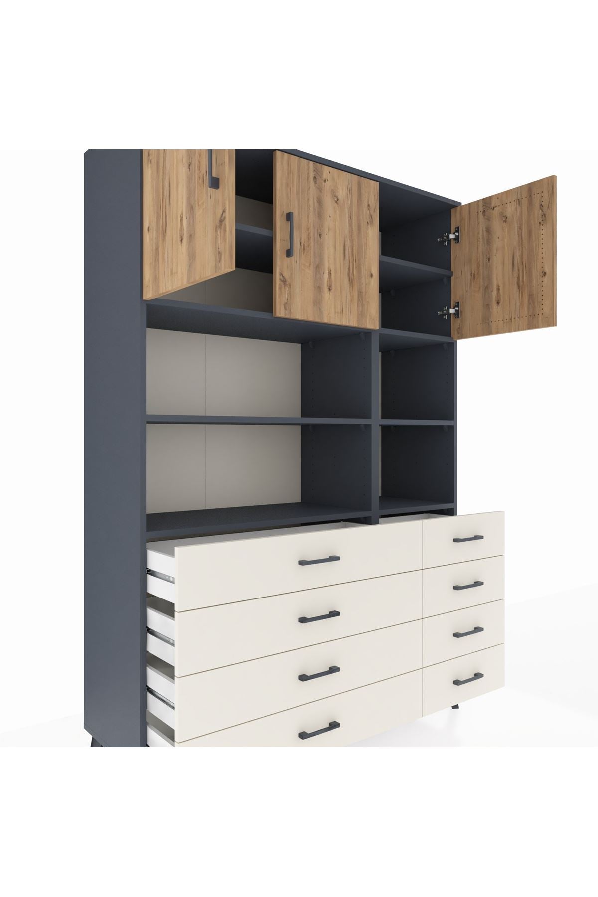 Hyperion Dolap 8 Raflı 8 Çekmeceli 3 Kapaklı 132x44x195 Antrasit-Çam/Aytaşı