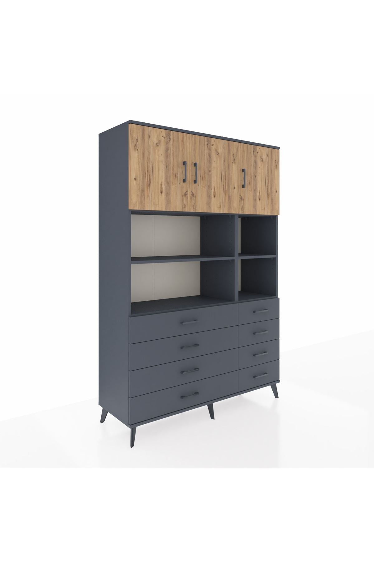 Hyperion Dolap 8 Raflı 8 Çekmeceli 3 Kapaklı 132x44x195 Antrasit-Çam/Antrasit
