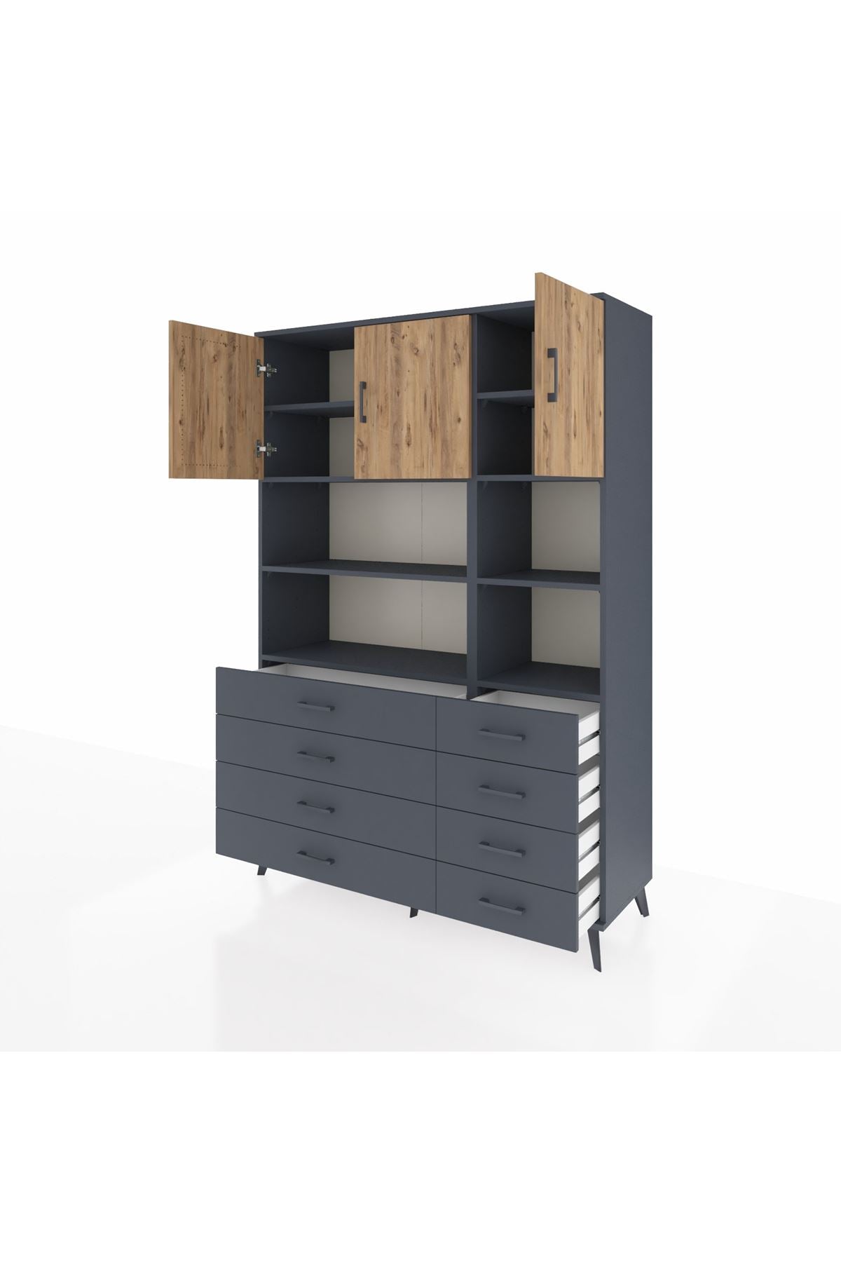 Hyperion Dolap 8 Raflı 8 Çekmeceli 3 Kapaklı 132x44x195 Antrasit-Çam/Antrasit