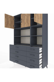 Hyperion Dolap 8 Raflı 8 Çekmeceli 3 Kapaklı 132x44x195 Antrasit-Çam/Antrasit