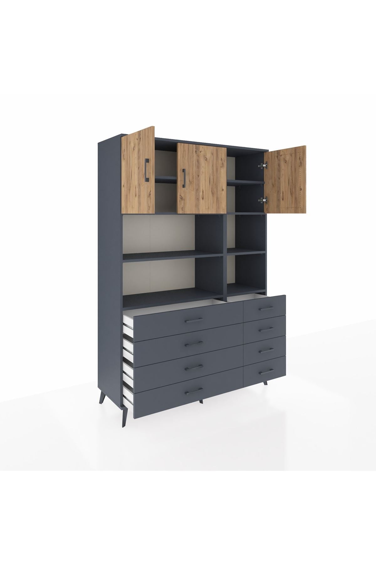 Hyperion Dolap 8 Raflı 8 Çekmeceli 3 Kapaklı 132x44x195 Antrasit-Çam/Antrasit