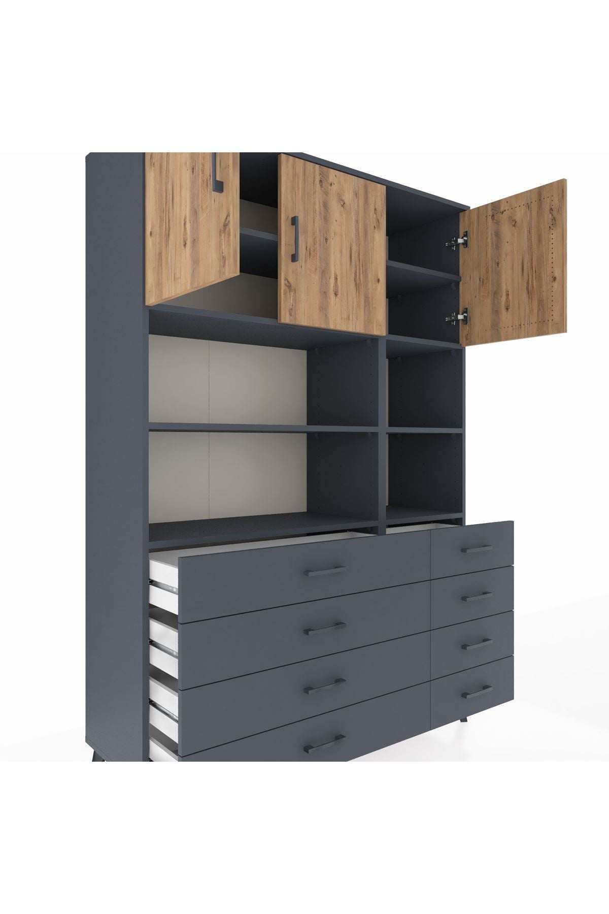 Hyperion Dolap 8 Raflı 8 Çekmeceli 3 Kapaklı 132x44x195 Antrasit-Çam/Antrasit