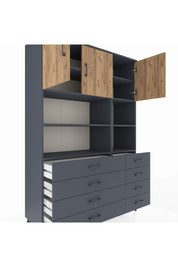 Hyperion Dolap 8 Raflı 8 Çekmeceli 3 Kapaklı 132x44x195 Antrasit-Çam/Antrasit