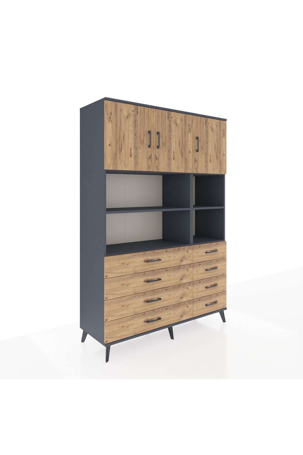 Hyperion Dolap 8 Raflı 8 Çekmeceli 3 Kapaklı 132x44x195 Antrasit-Çam/Çam