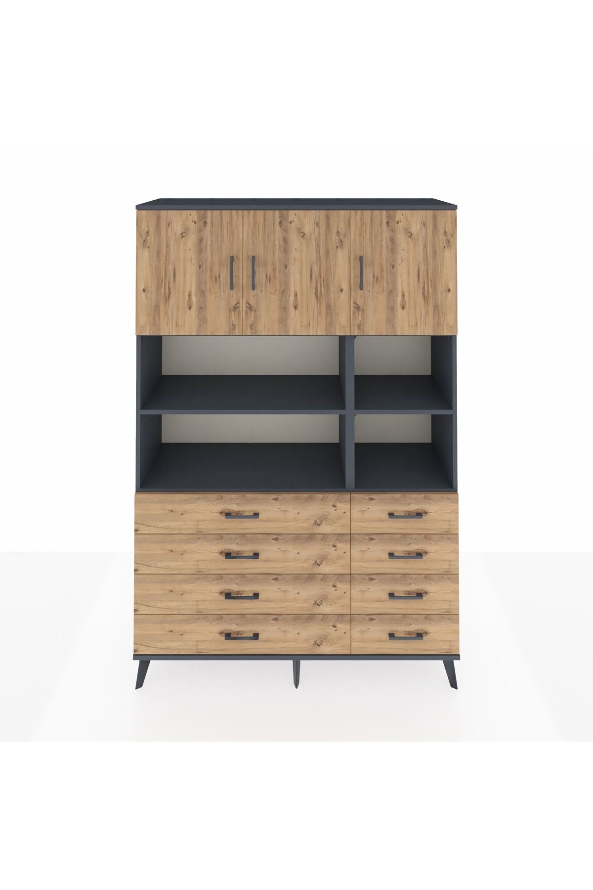 Hyperion Dolap 8 Raflı 8 Çekmeceli 3 Kapaklı 132x44x195 Antrasit-Çam/Çam