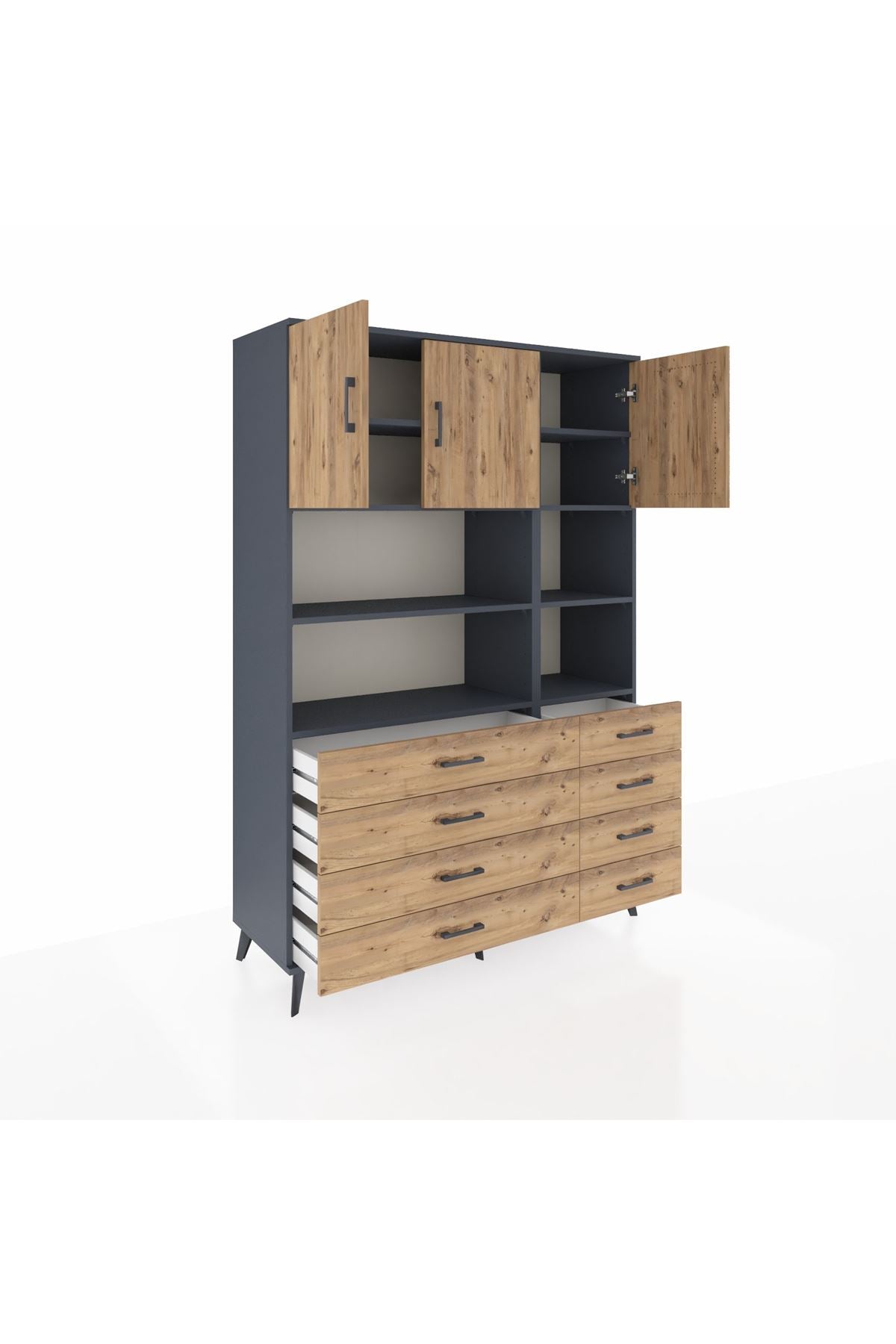 Hyperion Dolap 8 Raflı 8 Çekmeceli 3 Kapaklı 132x44x195 Antrasit-Çam/Çam