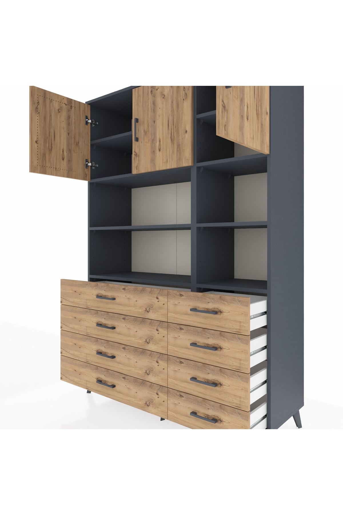 Hyperion Dolap 8 Raflı 8 Çekmeceli 3 Kapaklı 132x44x195 Antrasit-Çam/Çam