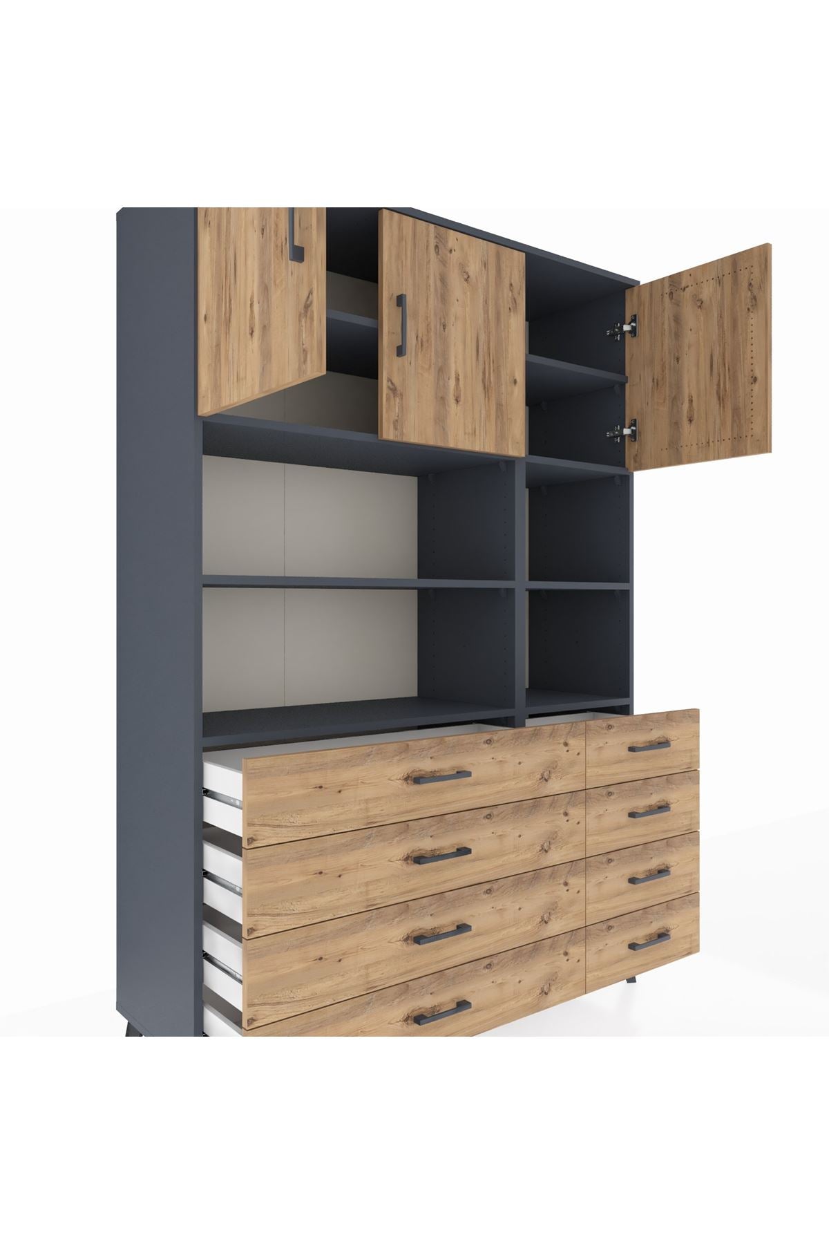 Hyperion Dolap 8 Raflı 8 Çekmeceli 3 Kapaklı 132x44x195 Antrasit-Çam/Çam