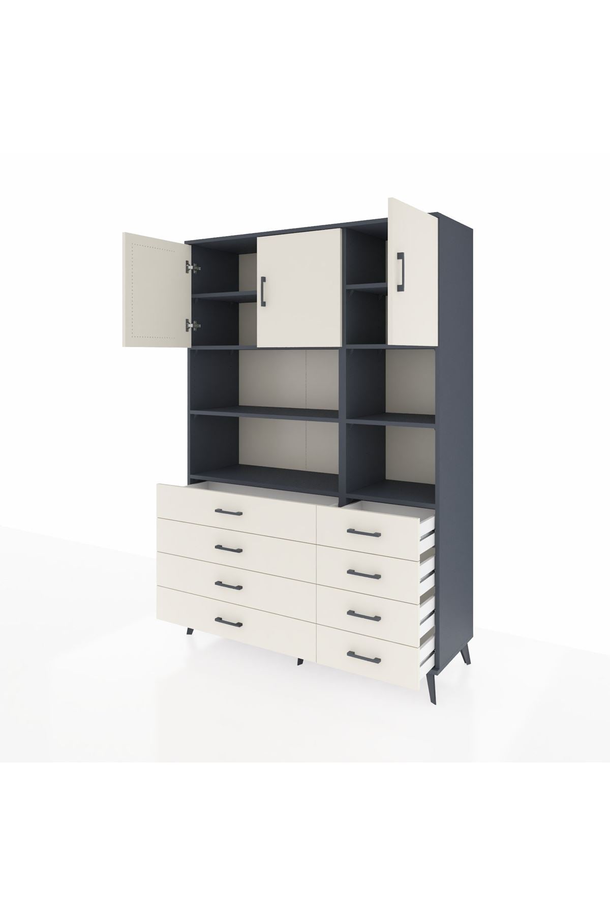Hyperion Dolap 8 Raflı 8 Çekmeceli 3 Kapaklı 132x44x195 Antrasit-Aytaşı/Aytaşı