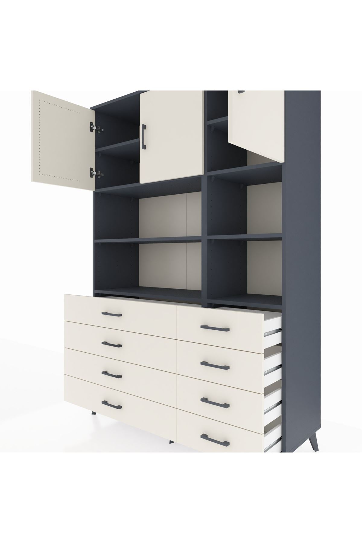 Hyperion Dolap 8 Raflı 8 Çekmeceli 3 Kapaklı 132x44x195 Antrasit-Aytaşı/Aytaşı