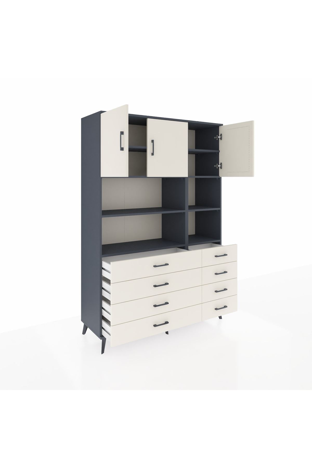 Hyperion Dolap 8 Raflı 8 Çekmeceli 3 Kapaklı 132x44x195 Antrasit-Aytaşı/Aytaşı