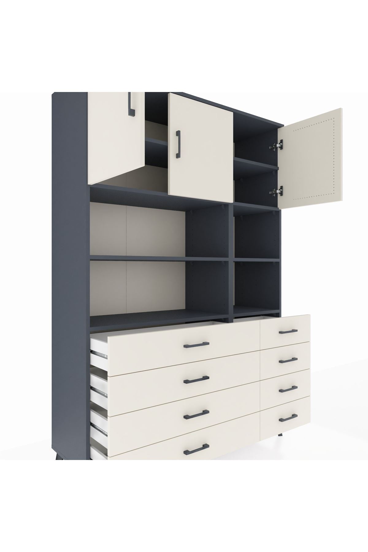 Hyperion Dolap 8 Raflı 8 Çekmeceli 3 Kapaklı 132x44x195 Antrasit-Aytaşı/Aytaşı