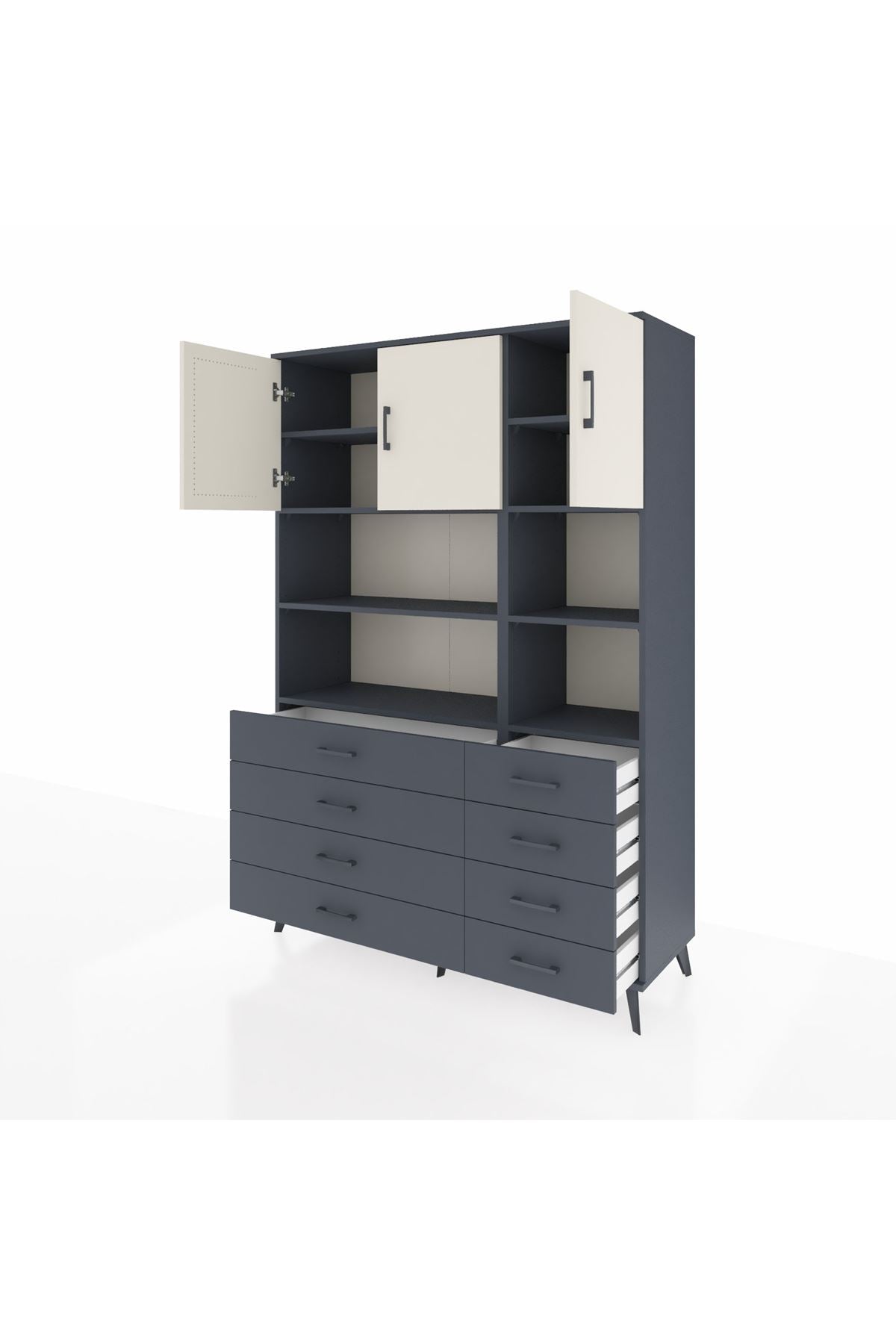 Hyperion Dolap 8 Raflı 8 Çekmeceli 3 Kapaklı 132x44x195 Antrasit-Aytaşı/Antrasit