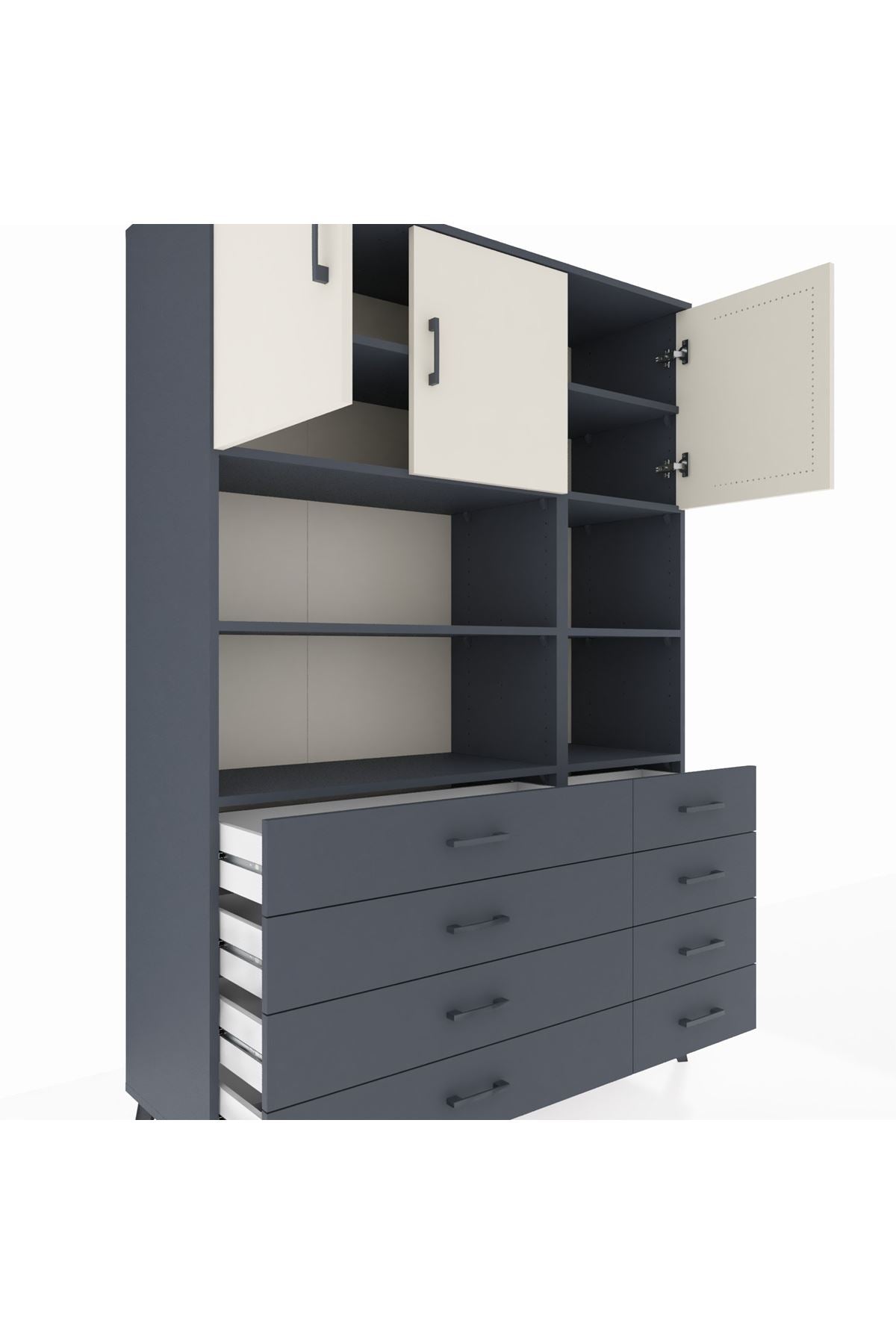 Hyperion Dolap 8 Raflı 8 Çekmeceli 3 Kapaklı 132x44x195 Antrasit-Aytaşı/Antrasit