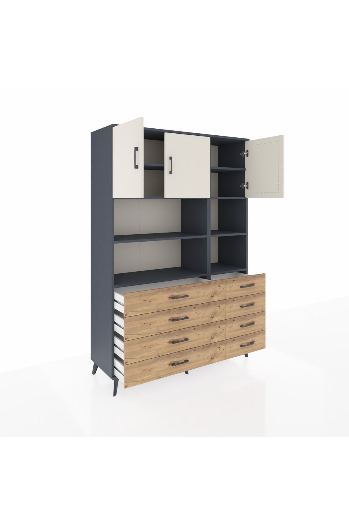 Hyperion Dolap 8 Raflı 8 Çekmeceli 3 Kapaklı 132x44x195 Antrasit-Aytaşı/Çam