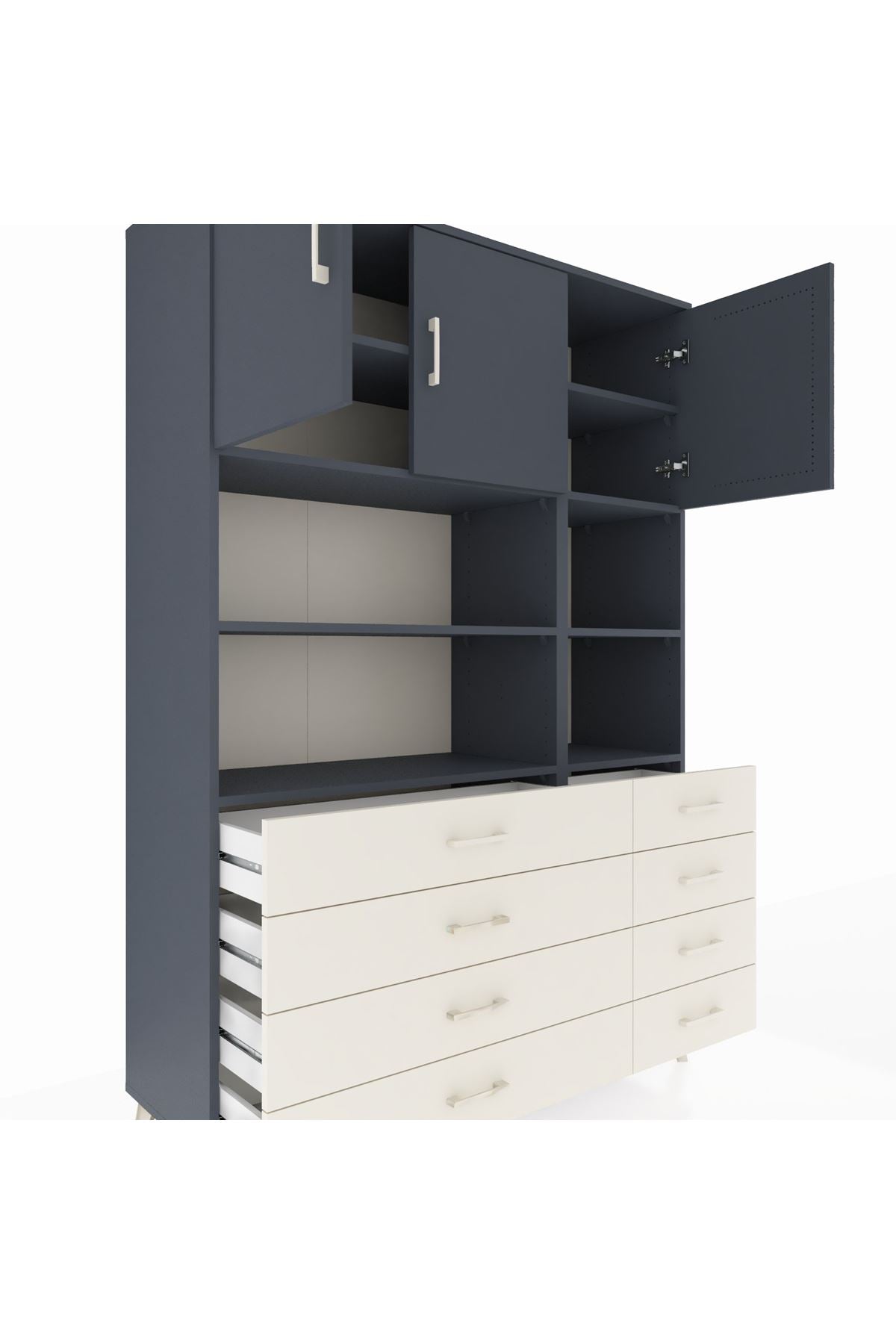 Hyperion Dolap 8 Raflı 8 Çekmeceli 3 Kapaklı 132x44x195 Antrasit-Antrasit/Aytaşı