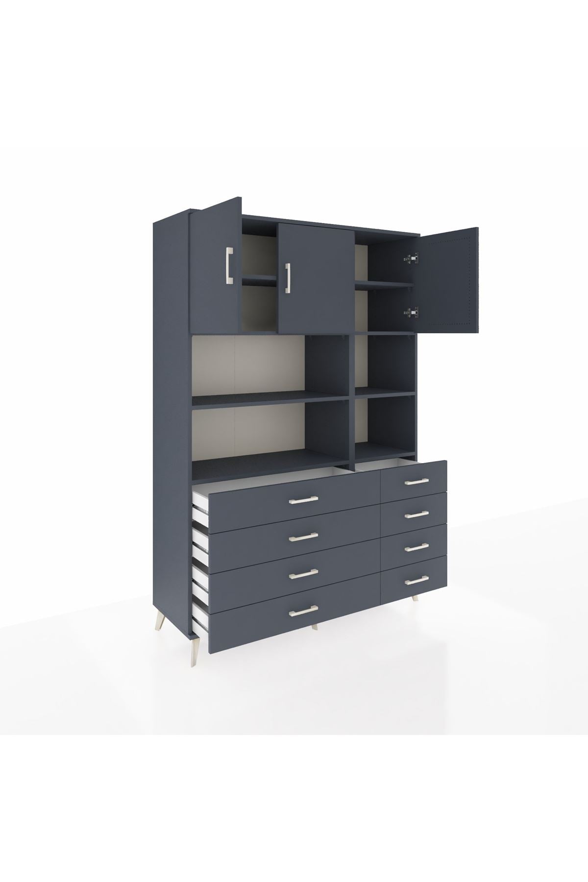 Hyperion Dolap 8 Raflı 8 Çekmeceli 3 Kapaklı 132x44x195 Antrasit-Antrasit/Antrasit